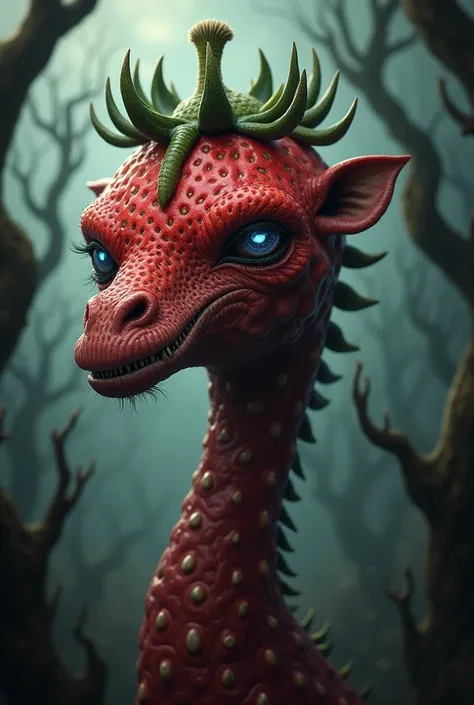 Create a dark, monstrous hybrid image that combines a giraffe with a strawberry. The giraffe’s body should be covered in a rough, deep red texture resembling a strawberry, with large, menacing seeds embedded across its surface. Its eyes should glow with an...