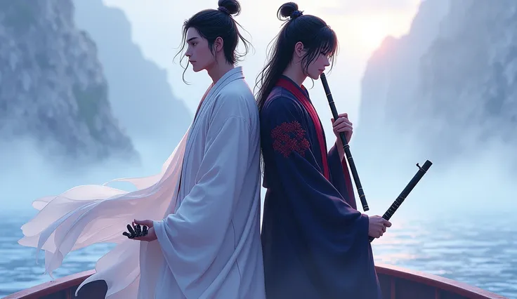 "Create an illustration of two men  characters, manly, in their 20s, wide angle shot, standing back-to-back on a misty sea , standing on a boat. The character on the left wears a long, flowing white robe, exuding a calm and stoic demeanor while holding a z...