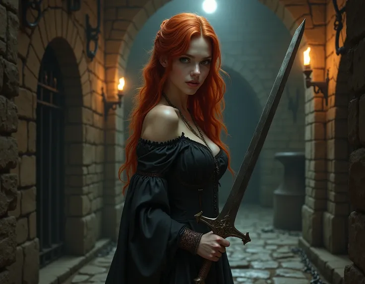 beautiful girl, thin, white pele, Young redhead, In Dungeon , medieval, holding broadsword