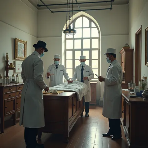 A split image showing one half with British doctors working in a colonial hospital in India, possibly a 19th-century medical room.