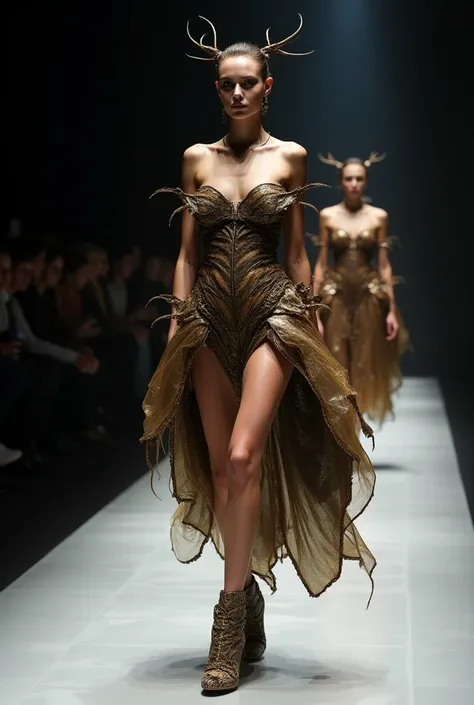 A woman in an extravagant cockroach dress walking down a modeling runway