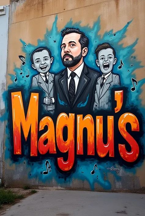 Create graffiti image of the name Magnus on the wall as patriarch of a singing family 