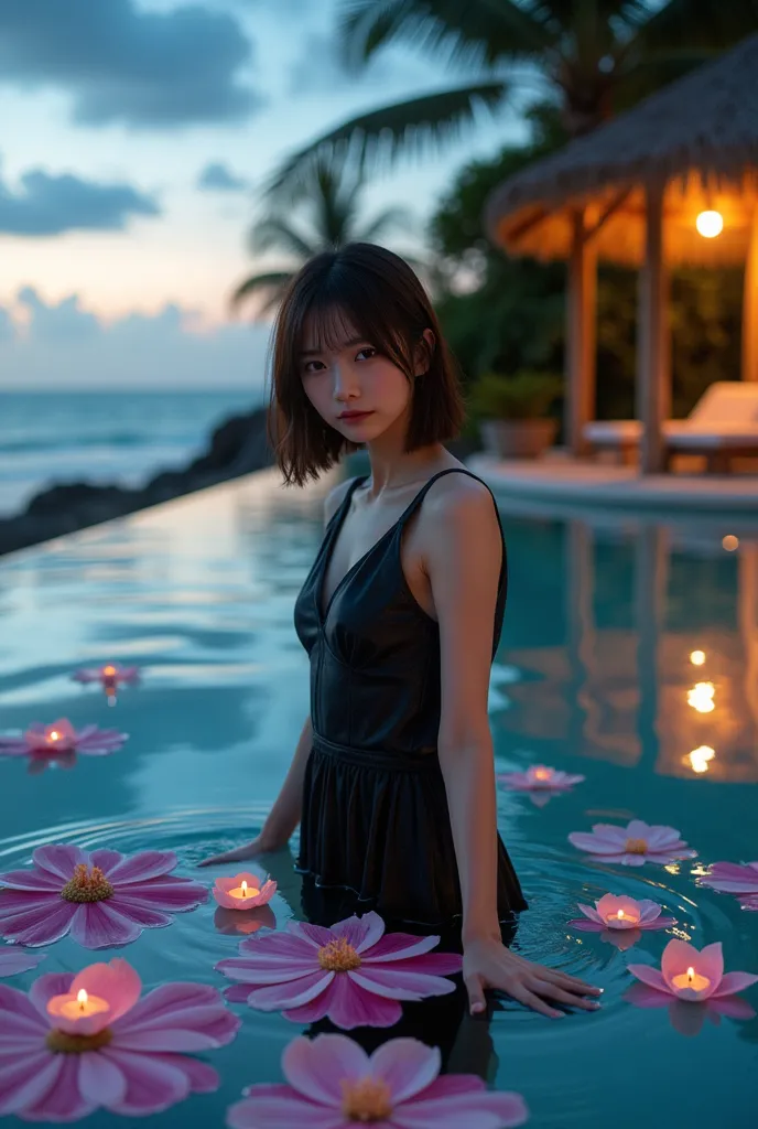 ultra-realistic, photorealistic, dramatic scene, shadow, global-illumination, solo, (20 years old Japanese famous idol girl:1.5), very beautiful fragile Japanese girl, very beautiful with very cute but boyish cool face, she is wearing a bold colored elegant dress, Luxury swimming pool built on a sandy beach, She is standing in the shallow end of the pool, gorgeous flowers are floating on the water, in dusk, she is heartbroken and looking for healing, She drops colorful ink into the pool to create artwork like a marbling art, colorful ink on the water, she is illuminated with a spot light, looking at viewers, amazing view of ocean in dusk