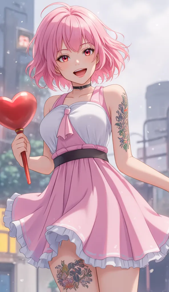 floating cute magical girl, yandere, amorous and lewd face, crazy smile, scary smile, evil smile, teasing smile, grin, lewd smile, malicious smile, creepy smile, big droopy eyes, huge mouth, make-up, pink messy wavy short hair, ahoge, blunt bangs, covered ...