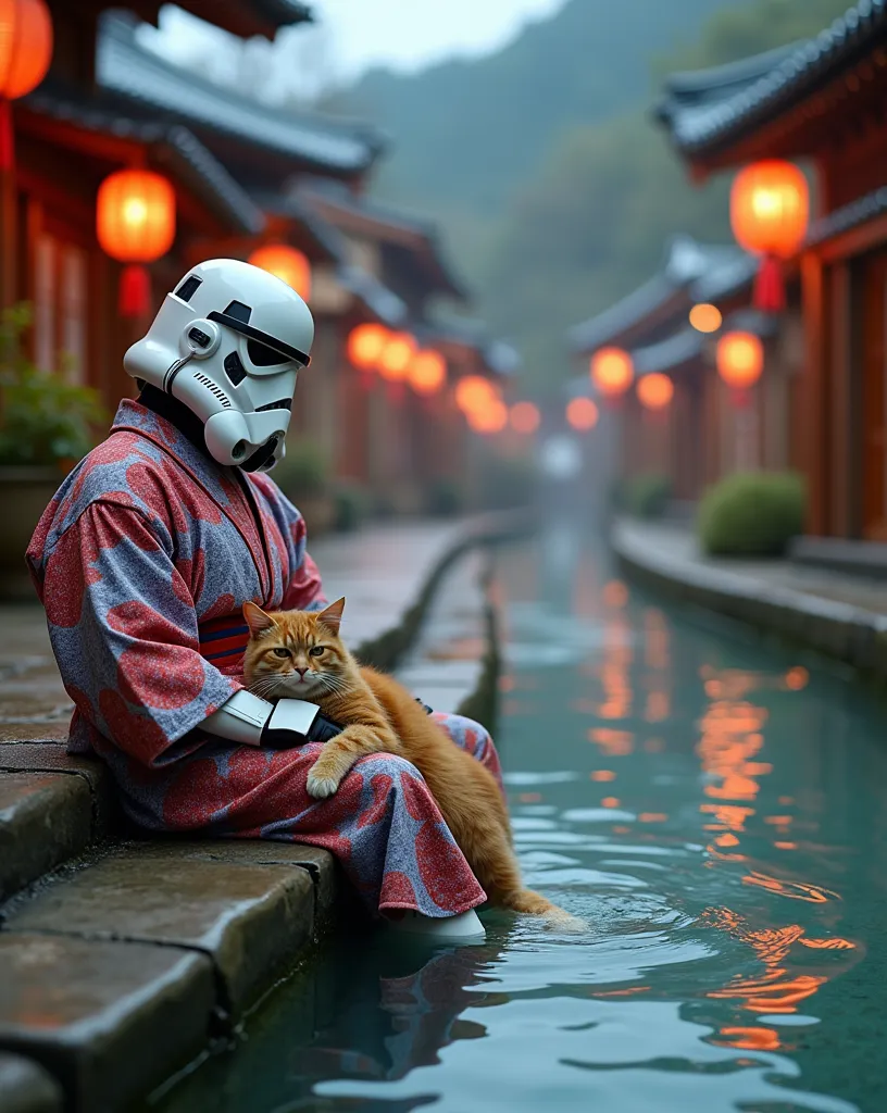 A serene scene at Ikaho Onsen, featuring a relaxed cat lounging on the stone steps, alongside a Stormtrooper wearing a traditional yukata. The setting should capture the essence of Japanese culture with vibrant colors, warm lighting, and a tranquil atmosphere, showcasing the beauty of the hot spring town.