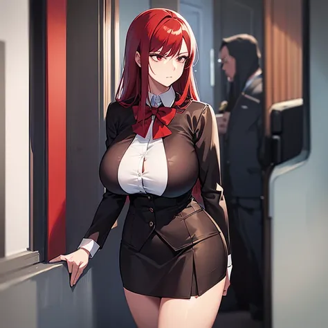 1 woman, mature woman, tall,  blood-clored red hair, black dead eyes, stern expression, uniform, mini skirt, big breasts, curvy body, school background