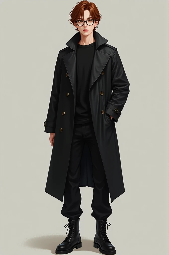 man with an age ranging from 18 to 20 with white and pale skin with dark brown eyes who wears reading glasses,  medium long dark copper hair that wears a black leather trench coat together with a basic black shirt , black pants too and minimalist combat bo...