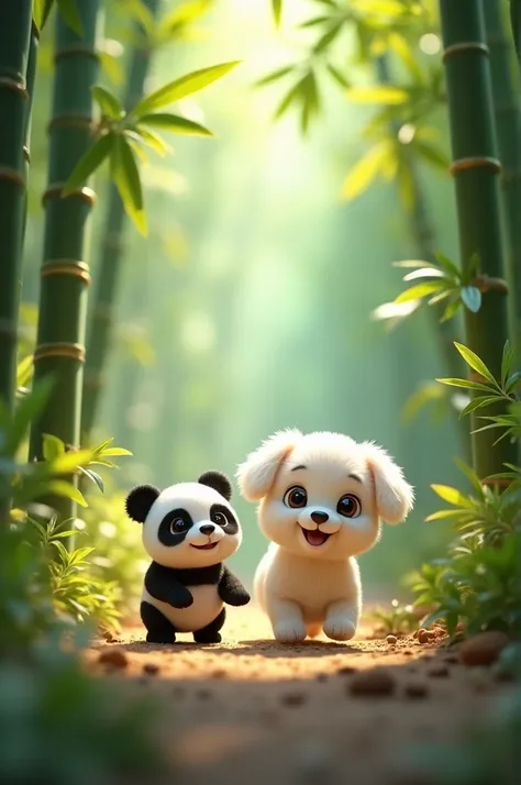 A 3d animated white color cute puppy with white hairs and big eyes walking in a bubmboo jungle with his friend a small panda.background is lush beautiful jungle with bamboo trees