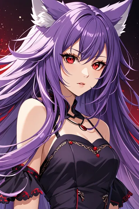 female with long purple hair, wolf ears, red eyes