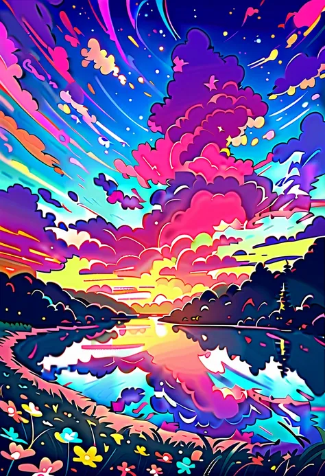  Beautiful Sunset ,  the hill is covered in flowers and plants.,  flowers are approaching , Colorful sky, Surreal colors, Colorful sunset, Colorful sky, Beautiful skyの反射, Beautiful sky,  amazing atmosphere 8K ,  Colorful clouds , Colored reflections on the...