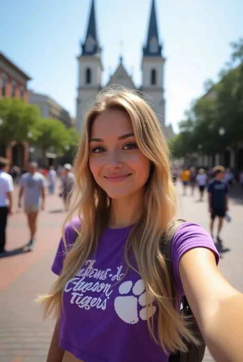 Beautiful blonde with very long hair wearing a purple cropped tshirt that has a Clemson tiger paw on right shoulder that has TAY in it and CLEMSON TIGERS  across the front with white shorts in Jackson square in New Orleans 25 years old taking a selfie with...