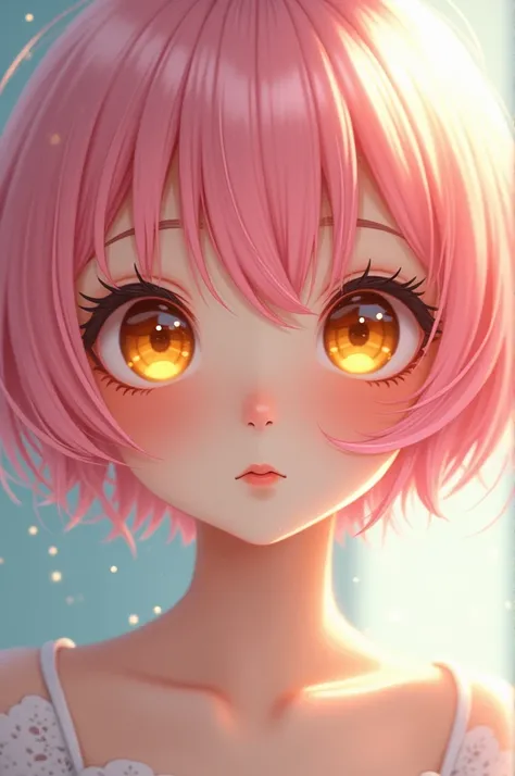 short pink hair, Golden-eyed  , cute, .