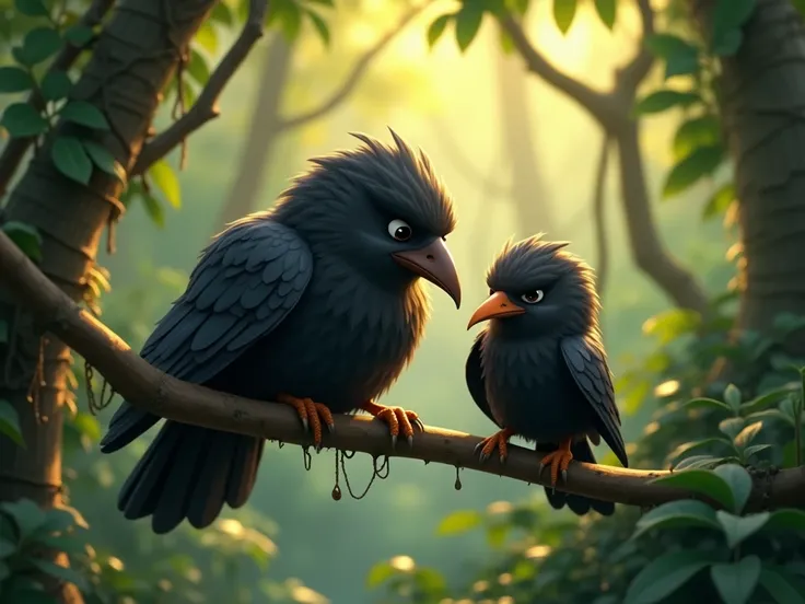 In the dense jungle ， A mother crow curls up on a branch， Her feathers are not shiny ，Feathers falling off my body ，Mother Crows expression is painful ， A little black crow is watching mom next to it，The little crow has a sad expression ， warm sunshine ，3D...