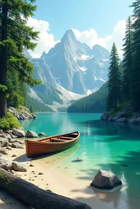  bright green water lake and boat and and rocks and alpine trees and stone and sand and mountain and log in water 