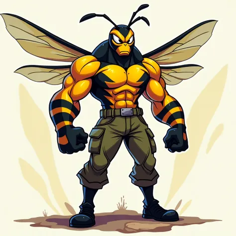 muscular male anthropomorphic wasp mascot, shirtless and cargo pants, cel shading, black outlines