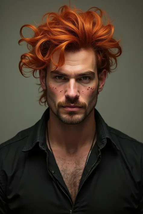 A red-haired man with big hair, WITH FRECKLES, mustache and goatee