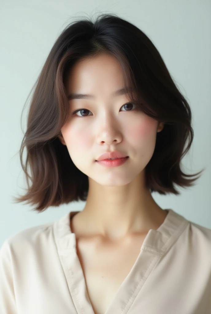 "A high-quality photo of a Japanese woman with medium-length hair styled in an outward flip (sotohane) look, facing forward. Her hair is smooth and natural, with a soft shine, creating a modern and stylish appearance. The lighting is soft and balanced to h...