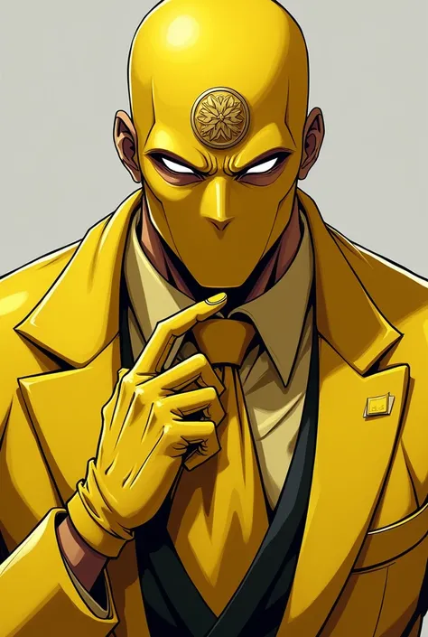 Jujutsu Kaisen people,masculine gender, massive body , yellow mask that covers your entire face that doesnt mark both your mouth and parts of your face,white eyes,  a coin on the forehead ,  elegant yellow suit , yellow gloves 