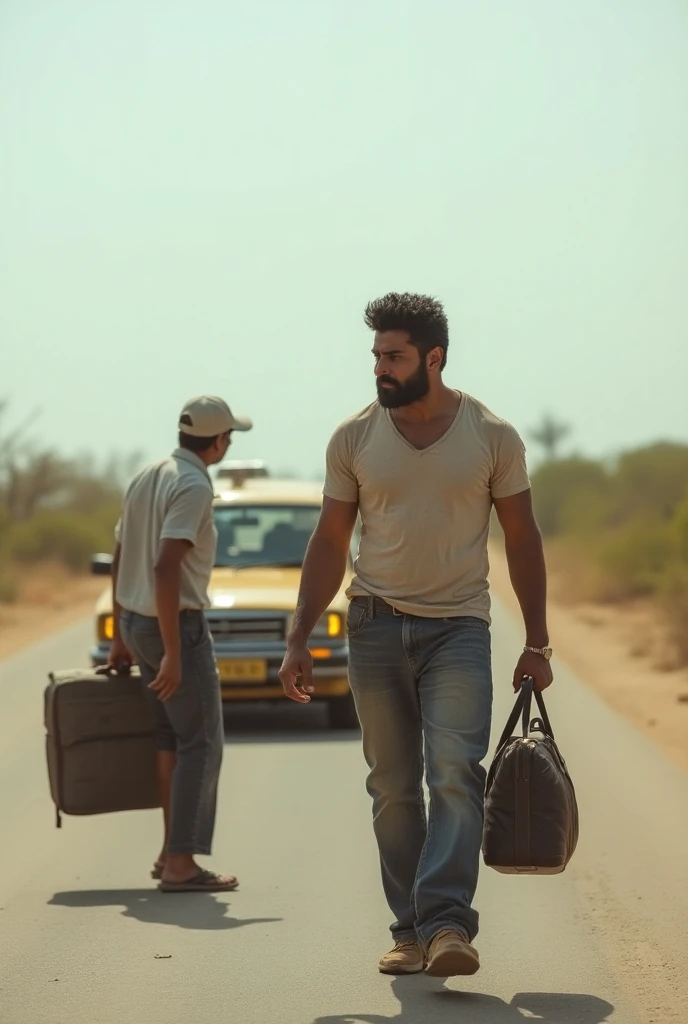 Create a photo in which a person resembling an Indian wrestler ( wearing jeans and tshirt ) a man is walking down a deserted road with his luggage, and he is talking to a taxi driver.