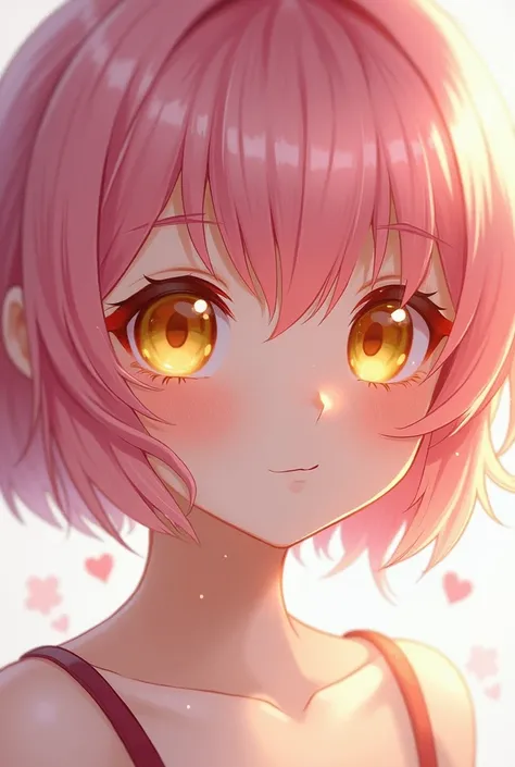 short pink hair, Golden-eyed  , cute, .