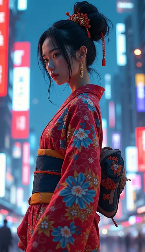 Japanese traditional dress, Katsushika Hokusai Style, (cyberpunk) (neon)