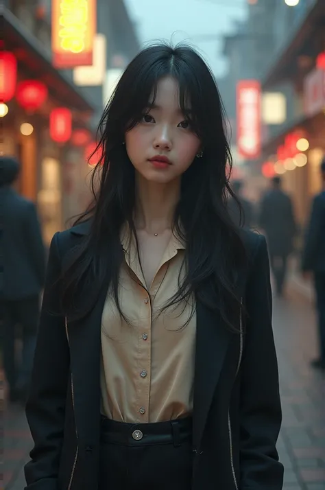  An image of a girl with small eyes with black hair cut in layers down to below her shoulders ,black pants with a beige blouse and a short black sweater on a street in South Korea 


