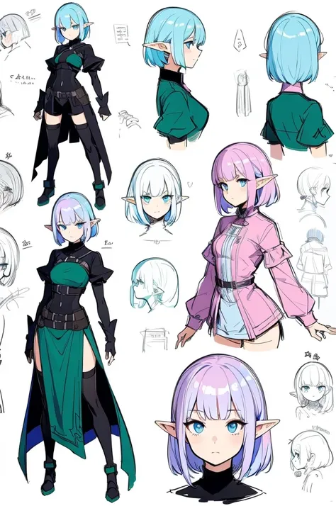 Black background with spotlight,（ pointed ears、Elf、 blue eyes、Green Dress、 long lashes、Pink-haired shorthair）,sketch ( Character Design Sheet , same characters, whole body, Three Views, Front, ~ ~ ~ ~ side, return),(Very bright:1.1), White background, [ 1 ...