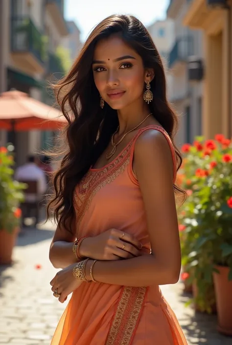 realistic indian, pretty, and young woman with long,wavy brunette hair, and looking right as well as infront wearing a trendy traditional dress . She has a confident pose,, and aslight smile on her face. She has flawless skin, subtlemakeup emphasizing her ...