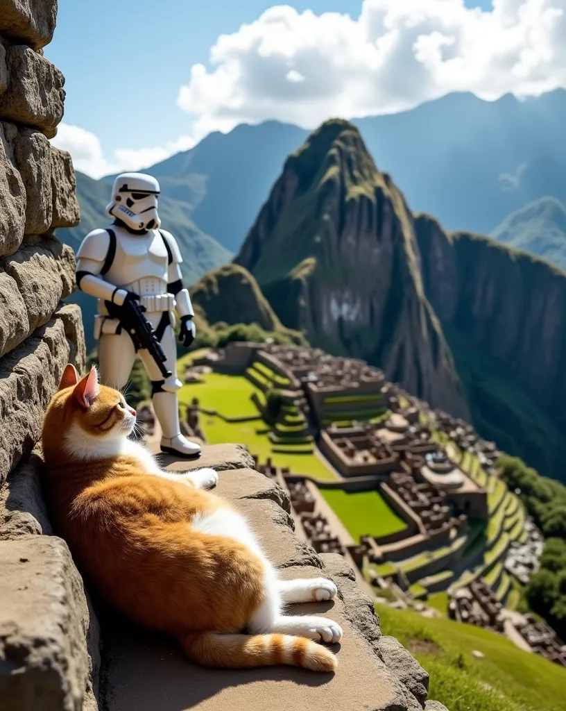 A serene scene of Machu Picchu ruins with a cozy cat lounging on the stone steps. In the background, a Stormtrooper from Star Wars casually enjoying the view, vibrant colors, detailed textures, sunny day, lush greenery around.