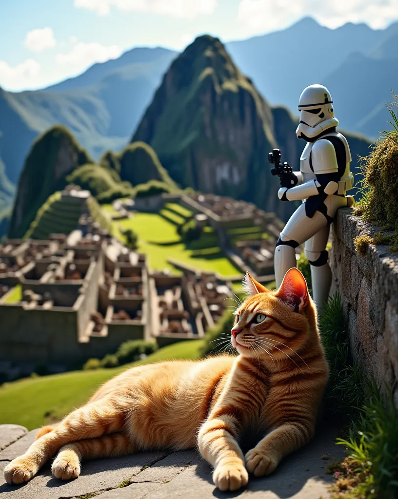 A serene scene of Machu Picchu ruins with a cozy cat lounging on the stone steps. In the background, a Stormtrooper from Star Wars casually enjoying the view, vibrant colors, detailed textures, sunny day, lush greenery around.