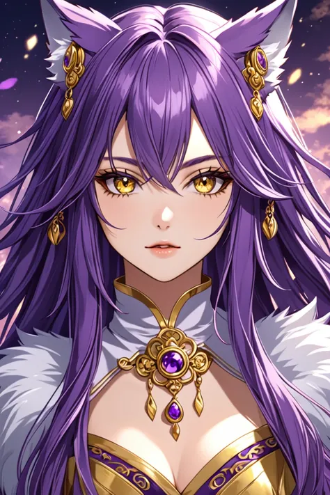 female with long purple hair, wolf ears, gold eyes