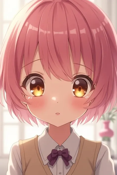 short pink hair, Golden-eyed  , cute, .,anime, cry