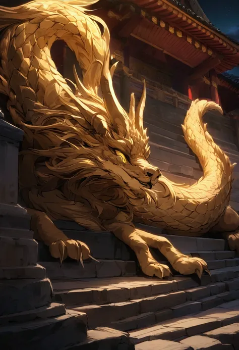 A mythical dragon greatly resembling a cat sleeps on the stone steps of a Buddhist temple, night
