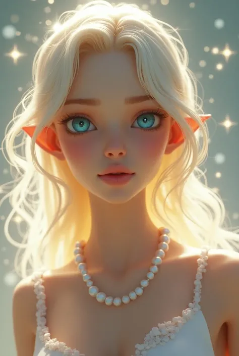  tall details , Shiny hair,  Covering their ears, blush, smile,  blue eyes , throw, Pearl necklace, Rays of God,  3D rendering , 