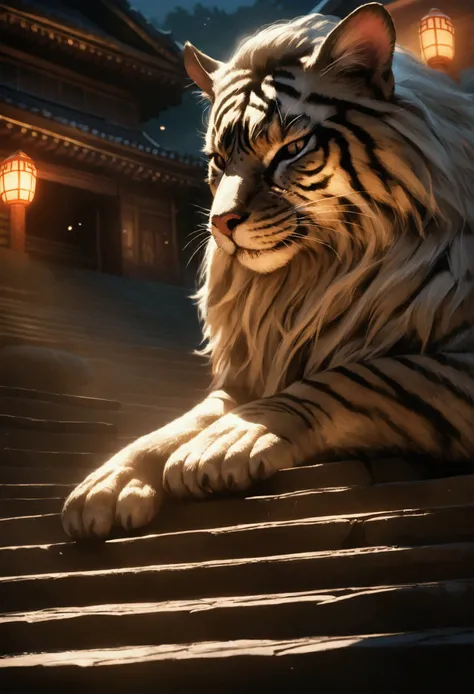 A majestic feline-like dragon, sleeping peacefully on the steps of a Buddhist temple, night scene, intricate details, dramatic lighting, cinematic atmosphere, fantasy, highly detailed, photorealistic, 8k, masterpiece