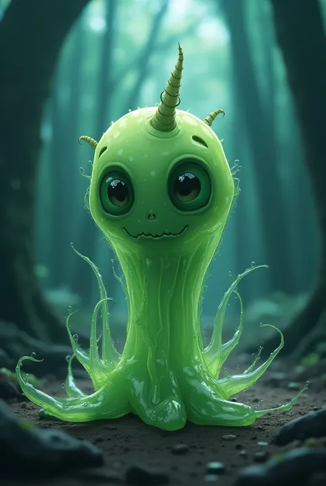 Small Jelly like scary terrifying parasite,green color, very translucent,have small hard bone like drill in top anime style make it look like amiba