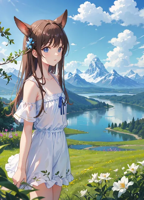 summer, Pasture, Some small flowers,  clear lake , heaven, Big Clouds, Blue Sky, Hot Weather, HD detailed, details,  Movie-like ,  surrealism , Soft light, deep depth of field blur , The distant scenery is a snowy mountain , ray tracing and  surrealism . -...