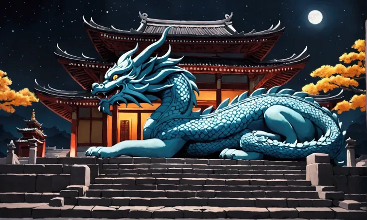 A mythical dragon greatly resembling a cat sleeps on the stone steps of a Buddhist temple, night
