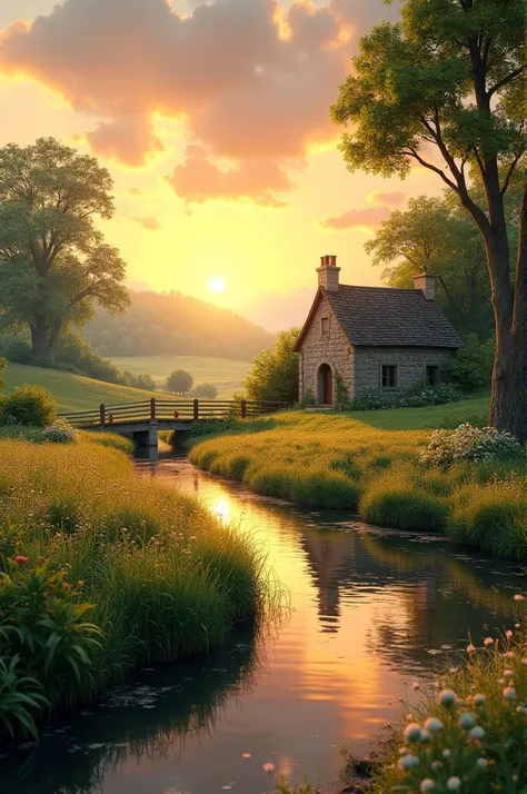 Create a high-quality, hyper-realistic image of a tranquil countryside landscape during the golden hour. The scene should feature sharp details, from the texture of the grass and leaves to the reflection of the sky in a calm river. The light should be warm...