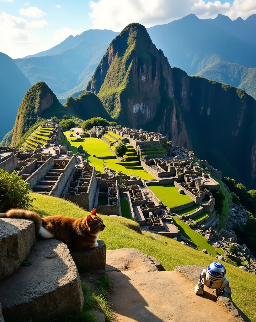 Machu Picchu ruins, a cat relaxing on stone steps, small R2-D2 visible in the background, lush greenery surrounding the ancient architecture, bright blue sky, warm sunlight illuminating the scene, detailed textures of the stones, tranquil atmosphere, nature and history combined