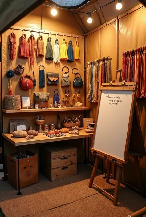 inside of an exhibit booth in a tent that sells bag tassel, key chains, bracelets, headbands all handmade and give us a board that customer can write their suggestions 