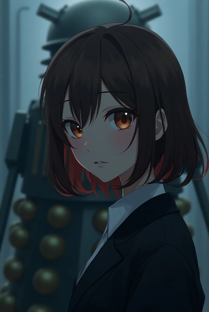 Photo of female anime character close up shot with dalek robot in background, dark lighting, anime style , 4k hd