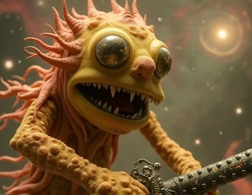 Cosmic horror muppet wielding a sword 