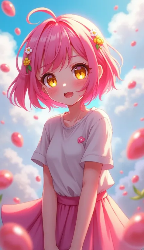 short pink hair,  yellow eyes , , anime, 