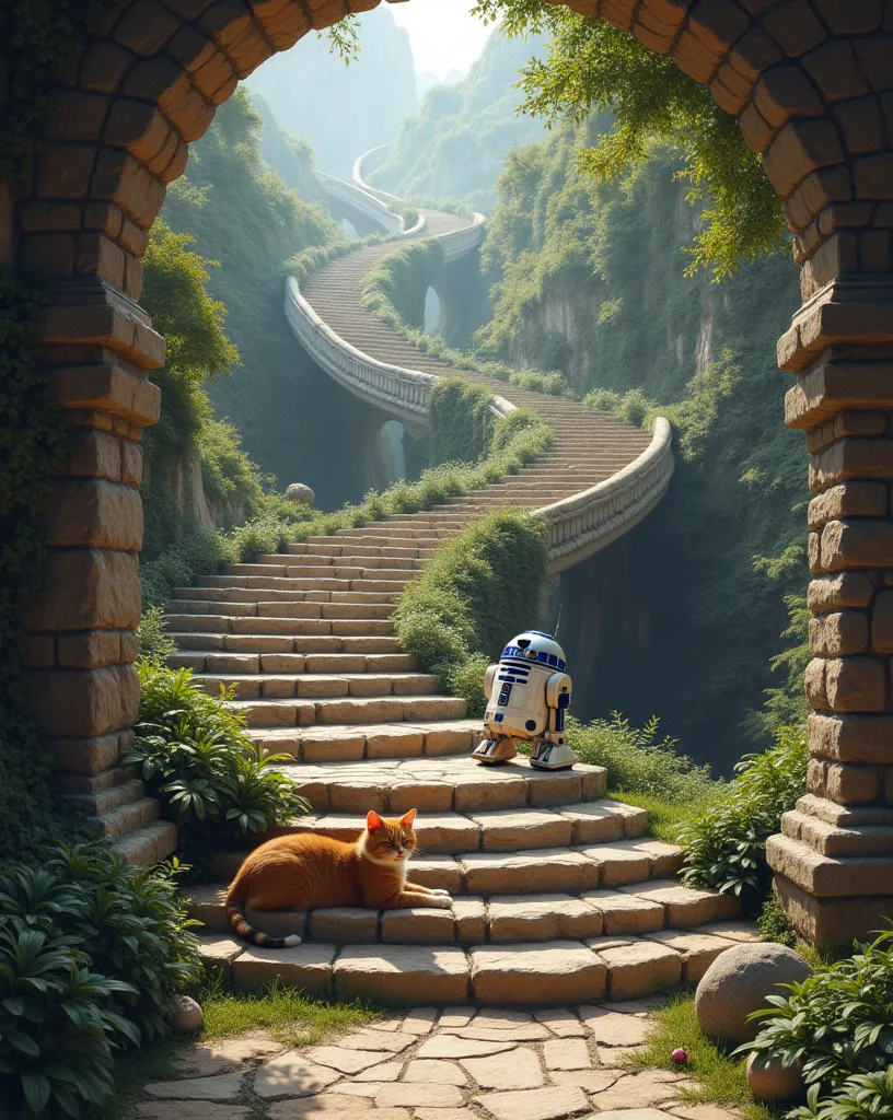 An infinite stone staircase winding into the distance, with a relaxed cat lounging on the steps, and R2-D2 positioned nearby, in a serene and whimsical atmosphere, high detail, vibrant colors, fantasy setting.