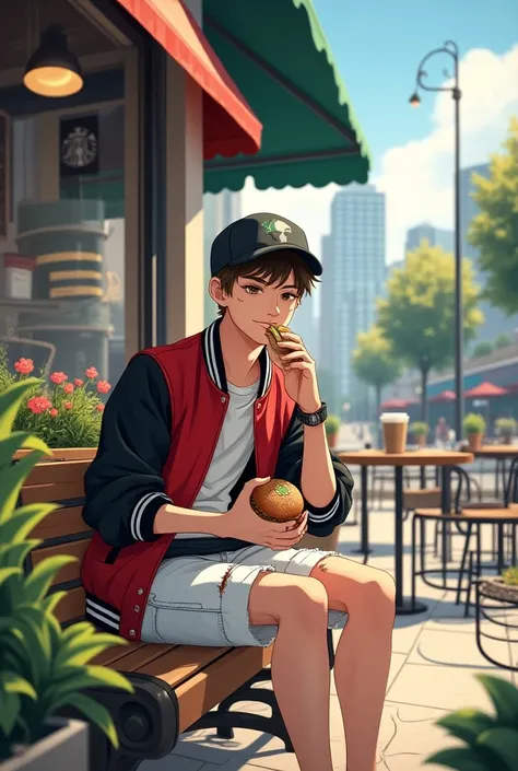 

1boy,sitting,bench、 Starbucks 、coffee、
 white cuttaws 、watch、[ red and black stadium jacket ]+、 damage jeans、 cap、Upper body drawing、smile、Open your mouth slightly、[ plants and dogs in front of the screen ]++、
[ wear cheek sticks ]+、[ eating hamburgers ]...