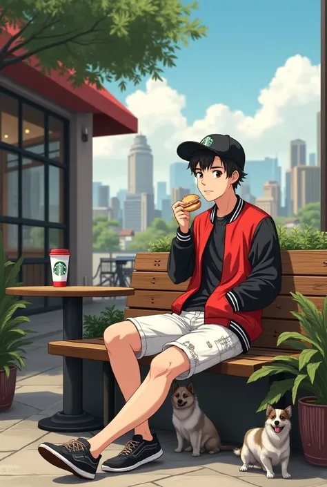 

1boy,sitting,bench、 Starbucks 、coffee、
 white cuttaws 、watch、[ red and black stadium jacket ]+、 damage jeans、 cap、Upper body drawing、smile、Open your mouth slightly、[ plants and dogs in front of the screen ]++、
[ wear cheek sticks ]+、[ eating hamburgers ]...