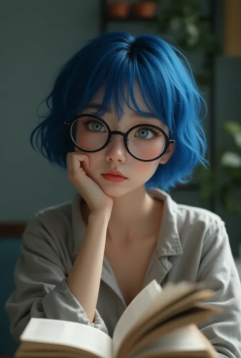 Blue hair girl,  short hair, grey eyes, glasses