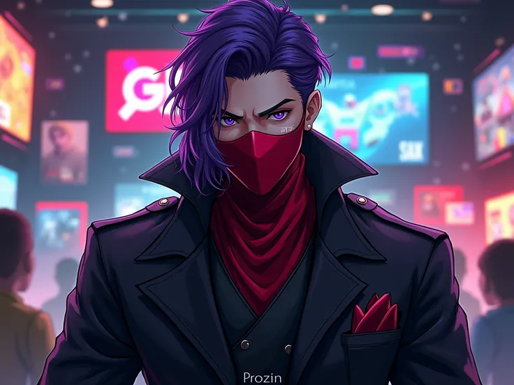 Male character with a red mask covering his mouth with fringed purple hair in a black coat with games behind him and ensima written on him the name PROZIN