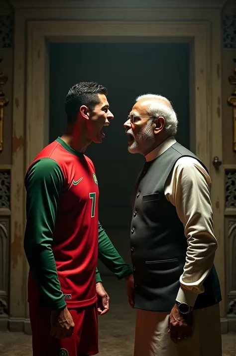 ronaldo wearing pourtgal full sleeve jersey screaming face and narendra modi screaming face in a oldest room at night